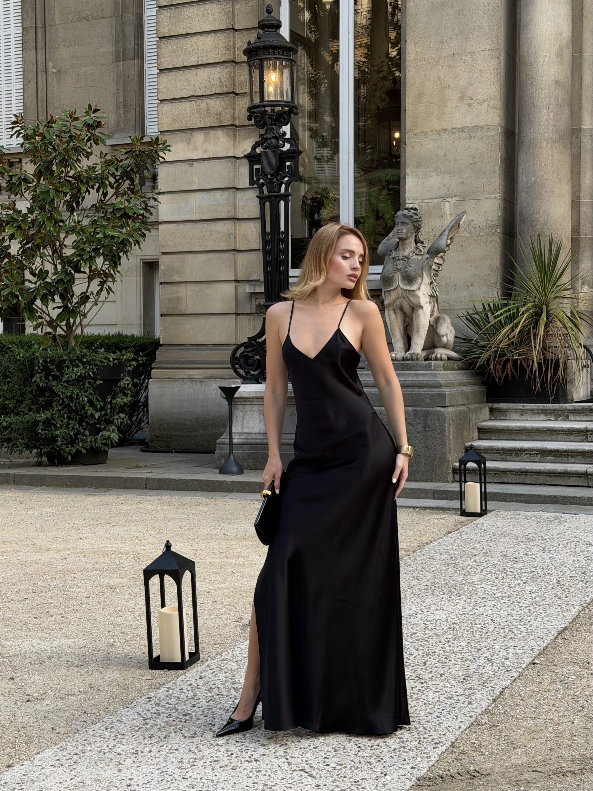 Paloma Black V-neck maxi dress in Silk Satin