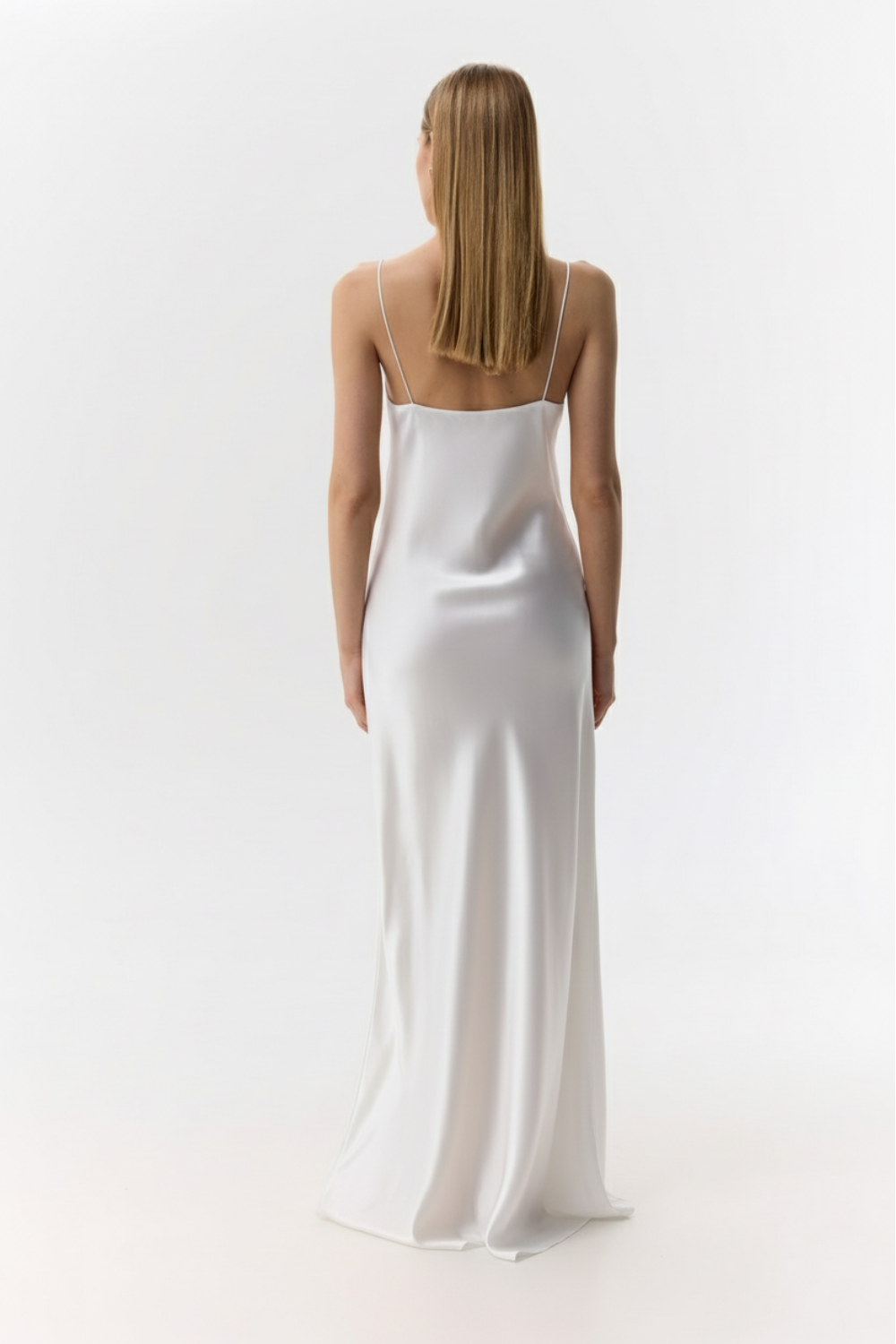 cream color silk dress Irene Cream Satin Strapless Maxi Dress - Size S - Cowl Back & Ruched Elastic Strap