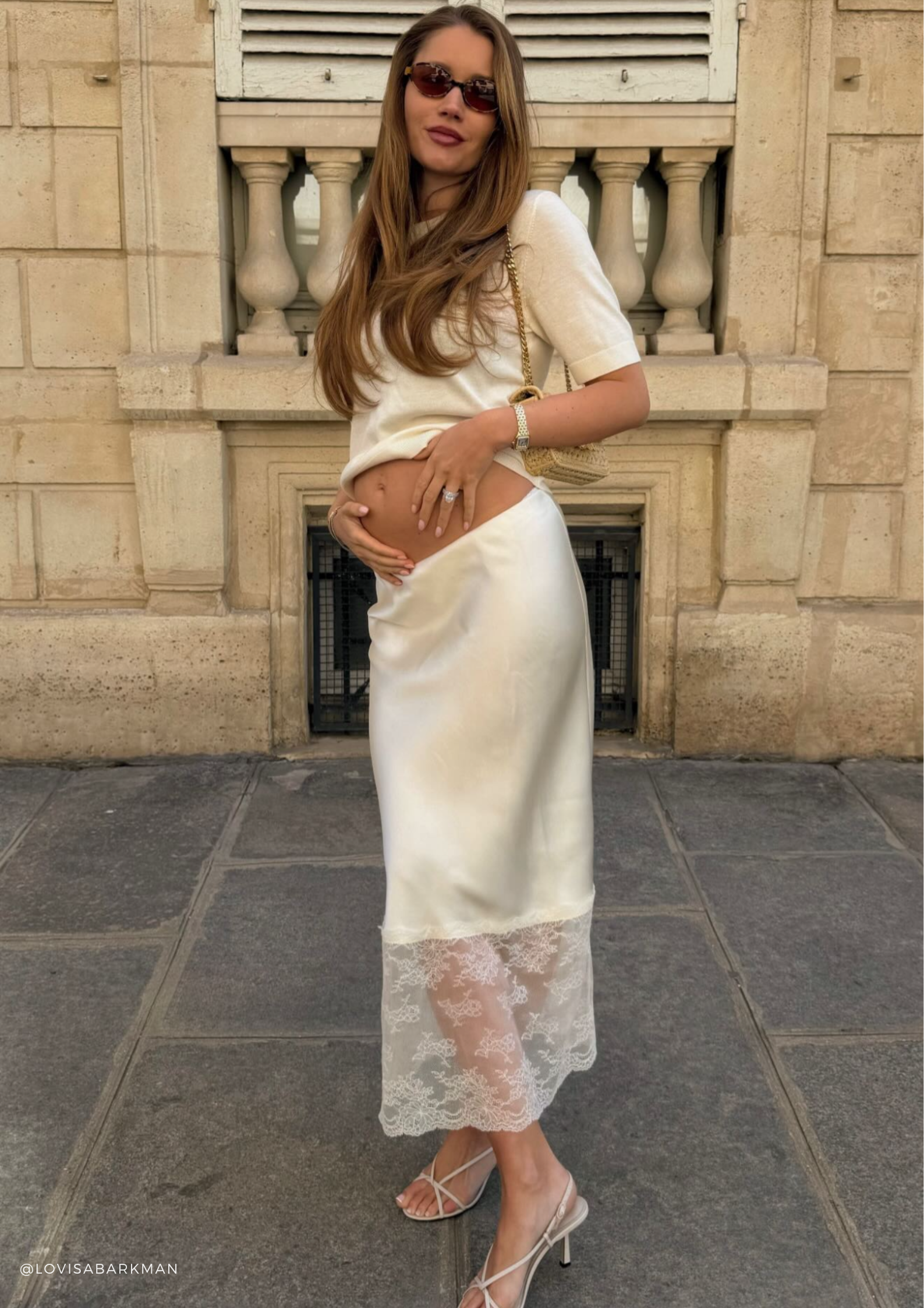 Ivory silk and lace midi skirt by SERENITY, styled with a cream knit top for an effortless feminine summer outfit.
