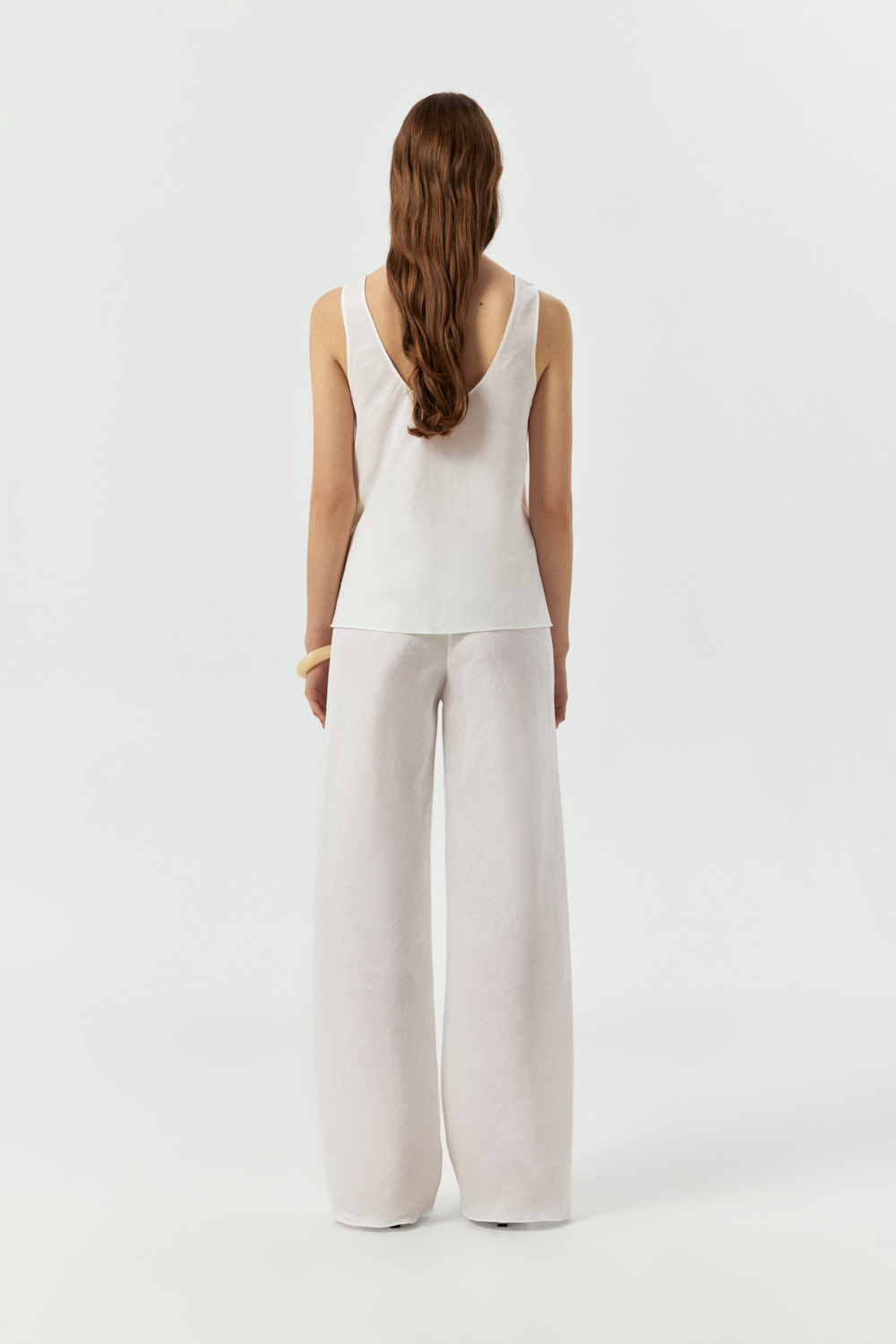 Amalfi White bias cut wide leg pants in Silk and Linen Poplin