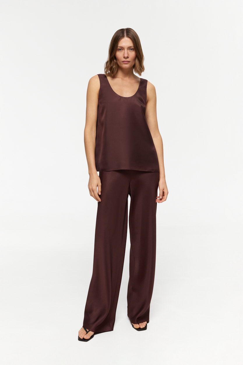 Amalfi Garnet-Brown bias cut wide leg pants in Silk Twill