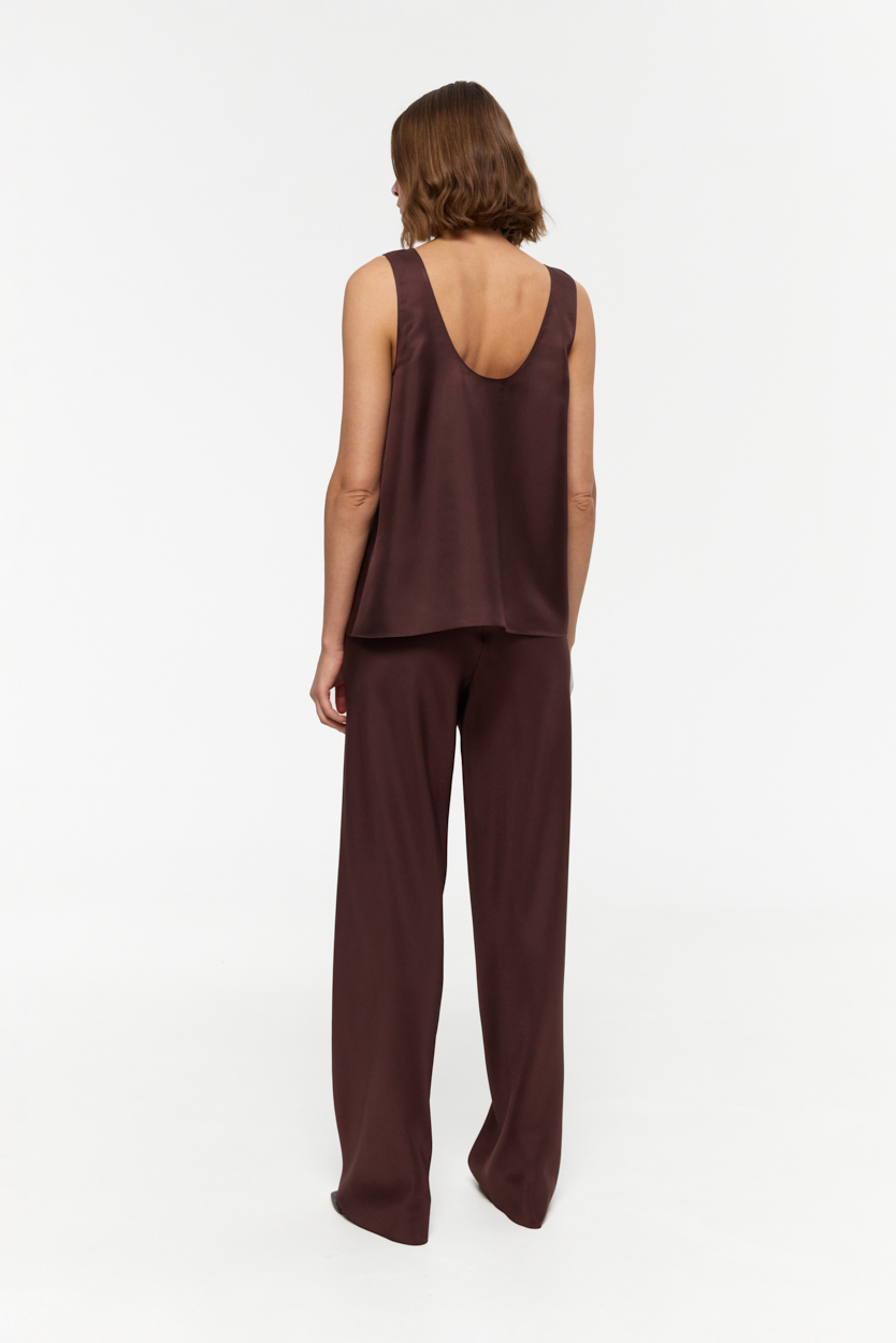 Amalfi Garnet-Brown bias cut wide leg pants in Silk Twill