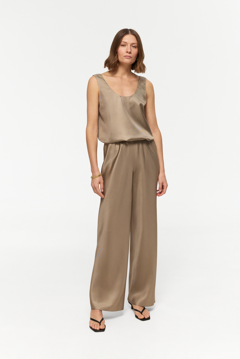 Amalfi Khaki-Taupe bias cut wide leg pants in Silk Twill