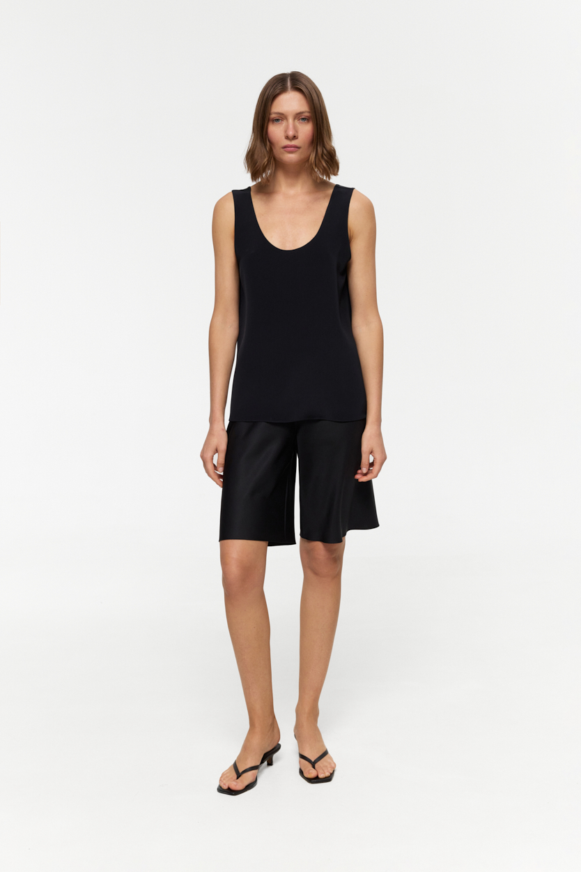 Marlow Black bias cut longline shorts in Silk Twill