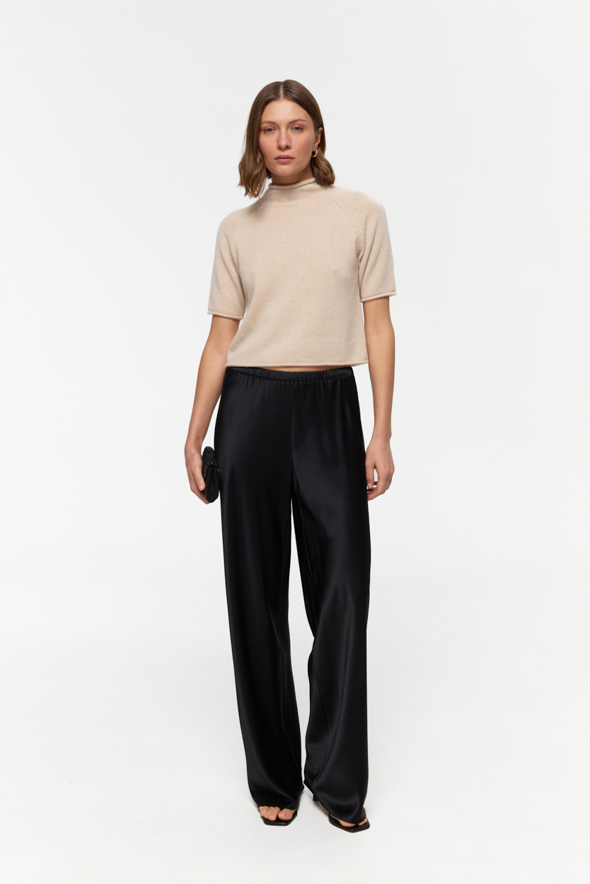 Amalfi Black bias-cut wide-leg pants in Silk Satin