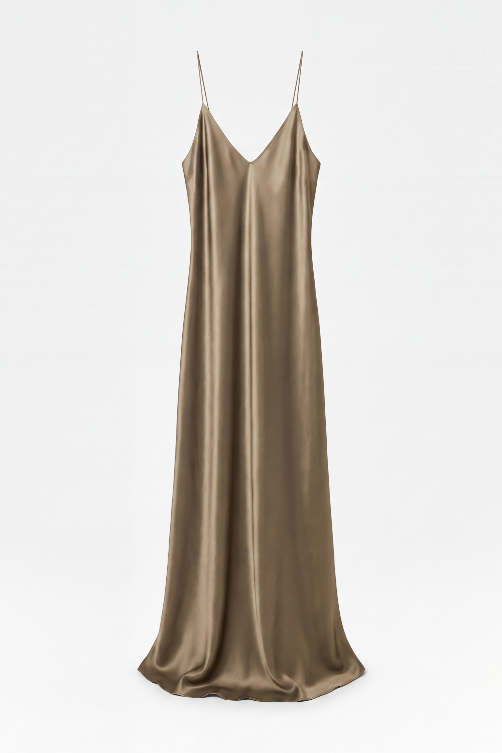 Rowena Khaki-Taupe V-back maxi dress in Silk Satin