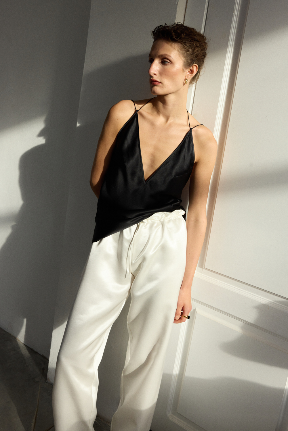 Alma Black deep V-neck top in Silk Satin