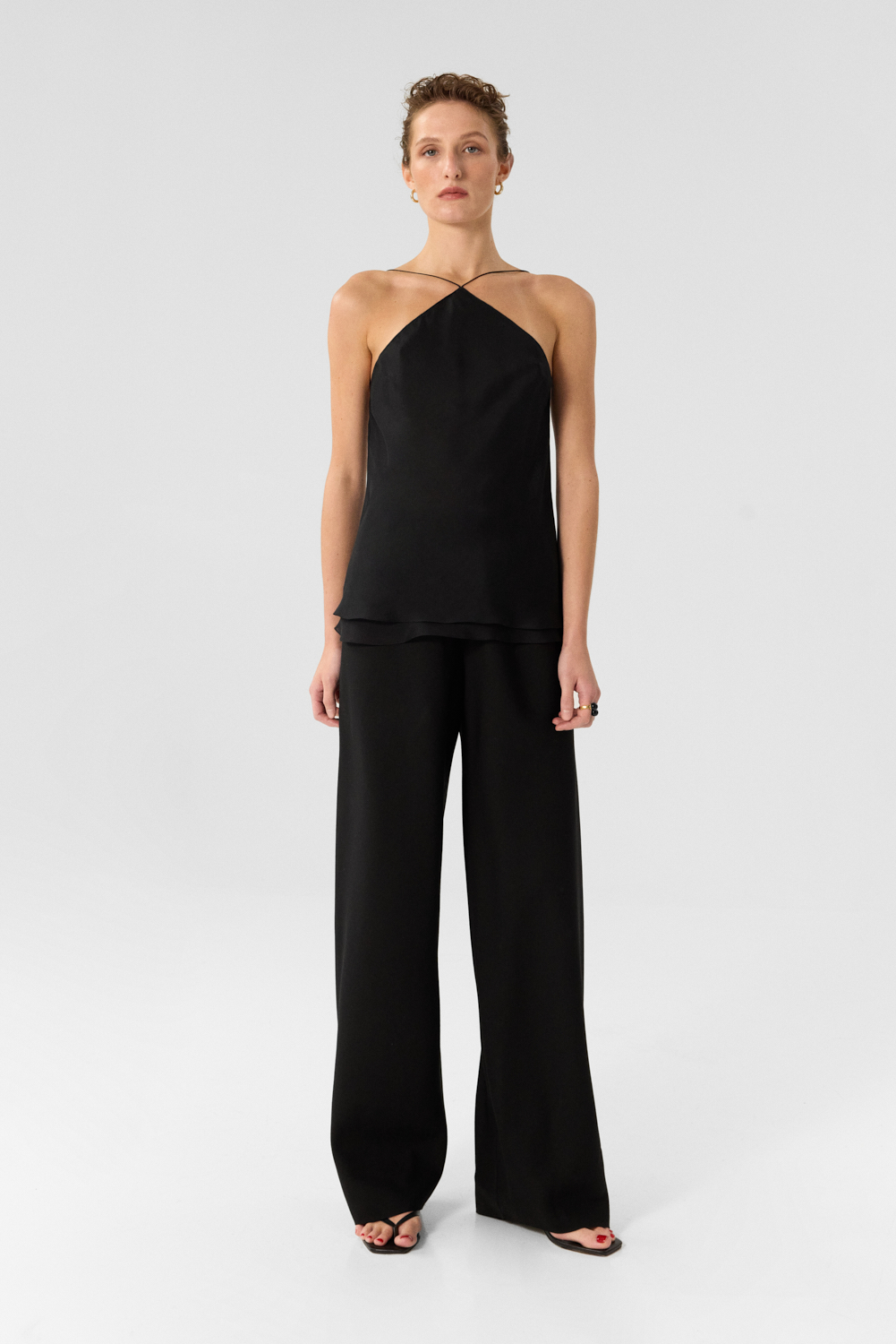 Kelly Black backless halter top in double-layer Silk Chiffon