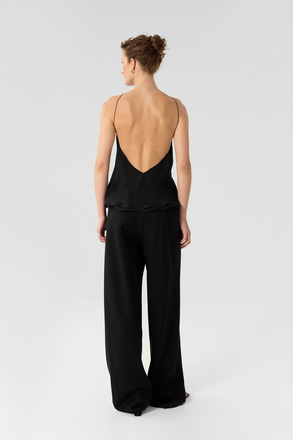 Kelly Black backless halter top in double-layer Silk Chiffon